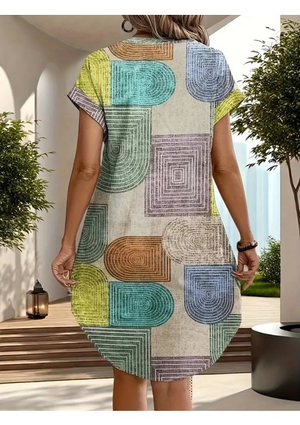 Şık V Yaka Batwing Kollu Geometrik Desenli Beli Sıkı Kesim Trend Elbise fırsatları