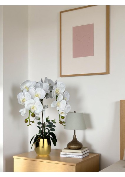Yapay Orkide Premium Kalite Doğal Görünümlü Gold Metal Saksı Yapay Çiçek 55 cm Dekoratif Hediye Yapay Salon Çiçeği indirimleri