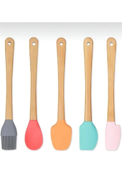 5&#39;li Renkli Ahşap Saplı Silikon Uçlu Spatula Fırçalı Kaşık Seti -Yemek Hazırlık Seti 21 cm