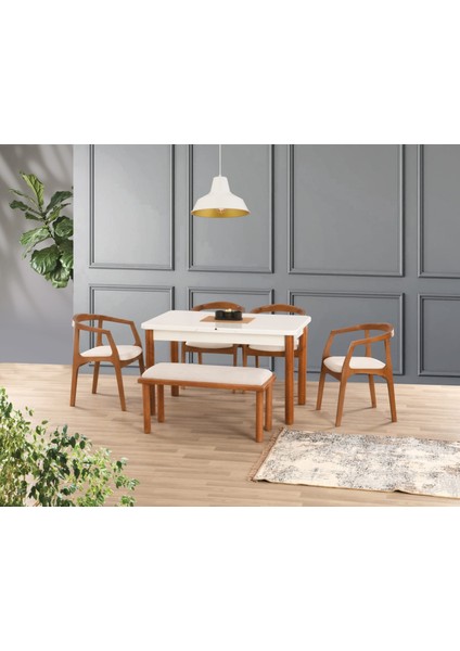 Beyaz Highgloss Bohem Bench Zaya Sandalye Soft-01 90*160+30 Pars Açılır Masa Takımı
