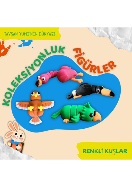Renkli Kuşlar Koleksiyonu - 4 Parça Hareketli Oyuncaklar - Papağan, Flamingo, Şahin,Tukan - Anahtarlık, Çanta Aksesuarı, Oyuncak
