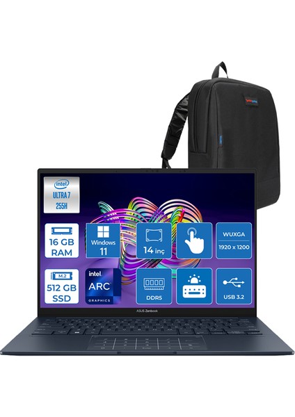 Zenbook 14 Intel Core Ultra 7 255H 16GB LPDDR5X 512GB SSD Intel Arc Graphics 14.0" Wuxga OLED 400NIT Windows 11 Pro Dokunmatik Taşınabilir Bilgisayar UX3405CAP01 + Zettaçanta