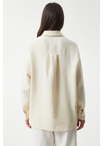 Oversize Basic Müslin Gömlek Açık Krem LMX0002