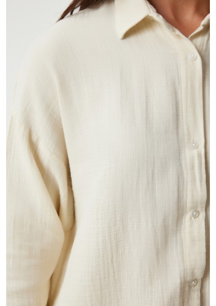 Oversize Basic Müslin Gömlek Açık Krem LMX0002