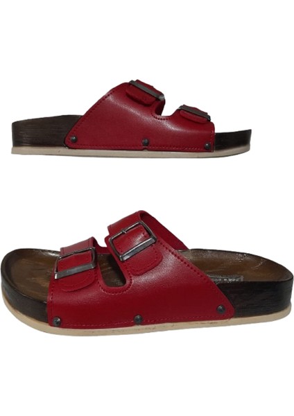 Kırmızı Çift Tokalı Ayarlanabilir Kadın Anatomik Rahat Taban Günlük Terlik
