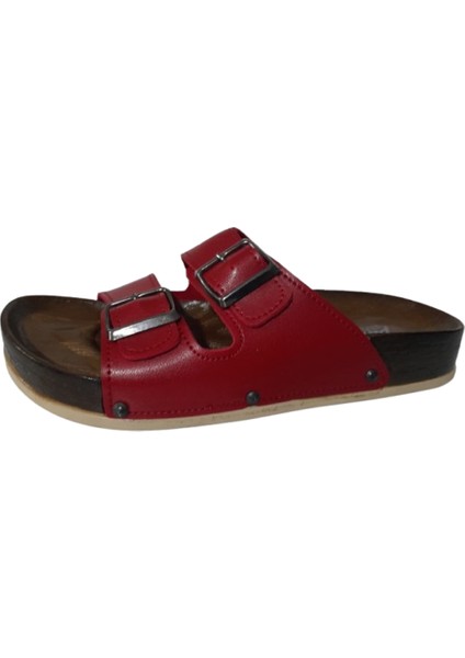 Kırmızı Çift Tokalı Ayarlanabilir Kadın Anatomik Rahat Taban Günlük Terlik modelleri