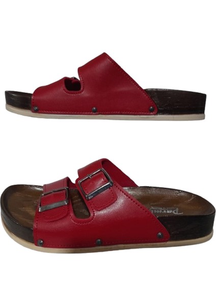Kırmızı Çift Tokalı Ayarlanabilir Kadın Anatomik Rahat Taban Günlük Terlik indirimleri