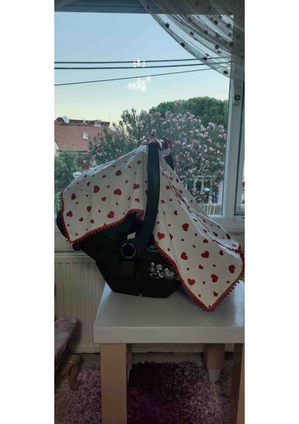 Organik Pamuk Kalp Desenli Bebek Puset Örtüsü & Müslin Battaniye 3'lü Set | Çift Yönlü Anne Yanı Seti