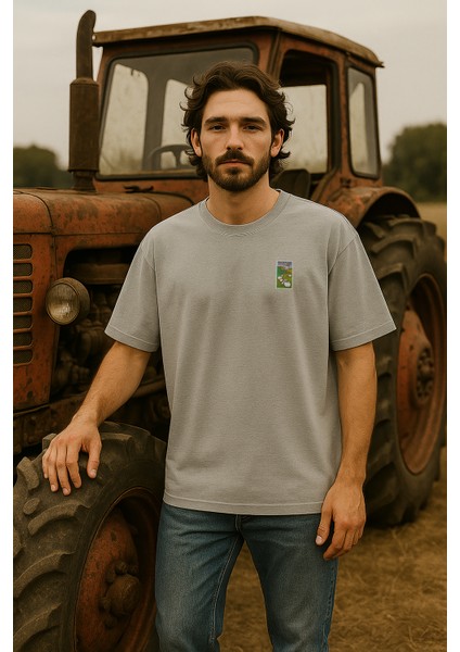 Yeni Zelanda Posta Pulu Baskılı Unisex %100 Pamuk Oversize Bisiklet Yaka Gri T-Shirt