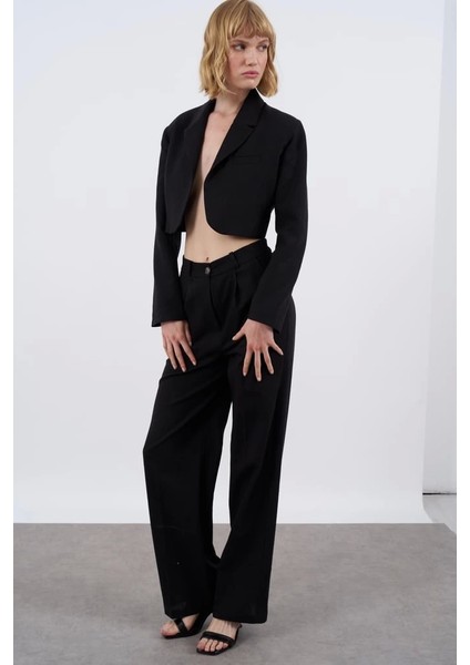 Premium Seri Siyah Keten Crop Ceket Pantolon Takım