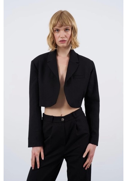 Premium Seri Siyah Keten Crop Ceket Pantolon Takım modelleri
