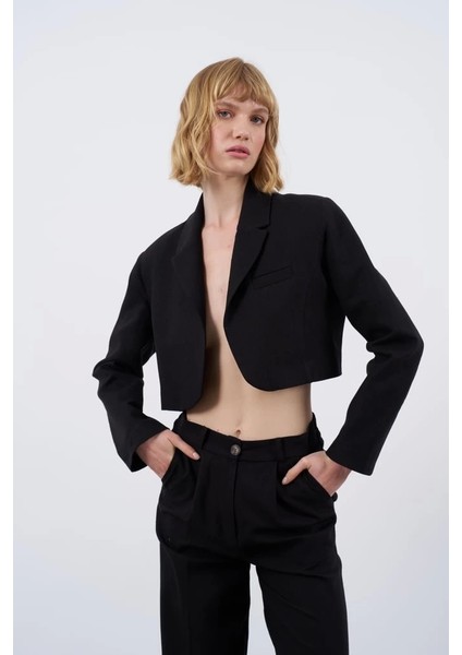Premium Seri Siyah Keten Crop Ceket Pantolon Takım fırsatları