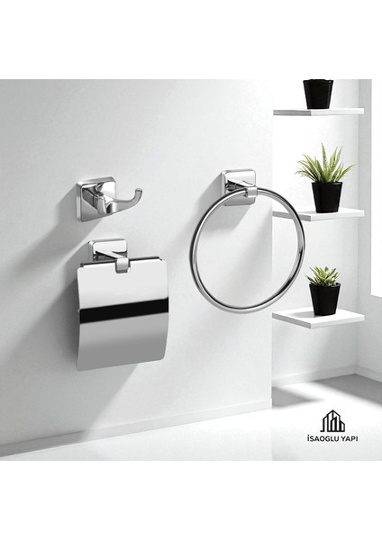 Isaoğlu Yapı Banyo Havluluk Üçlü Set Tuvalet Kağıtlık Bornozluk Havluluk Pirinç Malzeme Paslanmaz Garantili Krom
