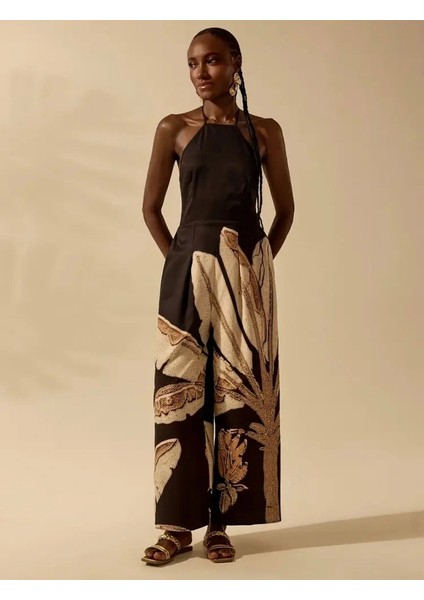 Şık Bohem Hindistan Cevizi Ağacı Baskılı Kolsuz Sırtı Açık Tulum Jessica