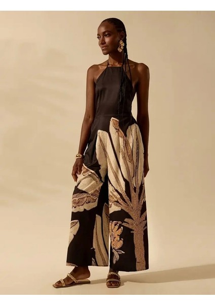 Şık Bohem Hindistan Cevizi Ağacı Baskılı Kolsuz Sırtı Açık Tulum Jessica fiyatları