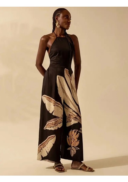 Şık Bohem Hindistan Cevizi Ağacı Baskılı Kolsuz Sırtı Açık Tulum Jessica modelleri