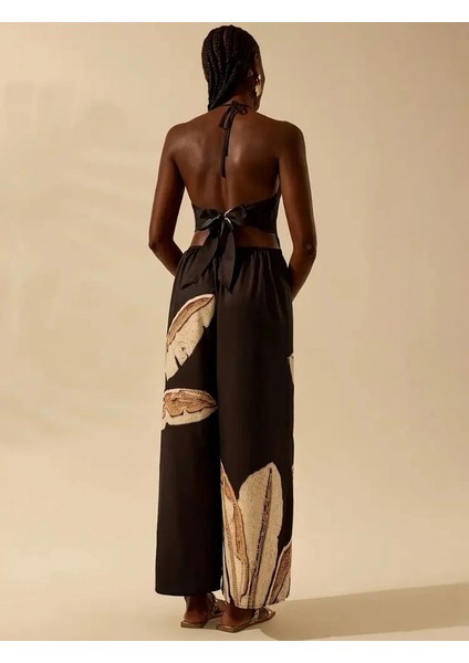 Şık Bohem Hindistan Cevizi Ağacı Baskılı Kolsuz Sırtı Açık Tulum Jessica fırsatları