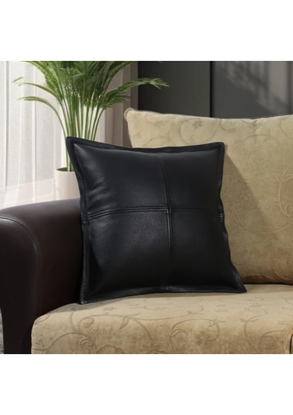 Premium Dekoratif Siyah Deri Kırlent Kılıfı/ev ve Ofis Için Gerçek Deri 45X45CM Kırlent Kılıfı