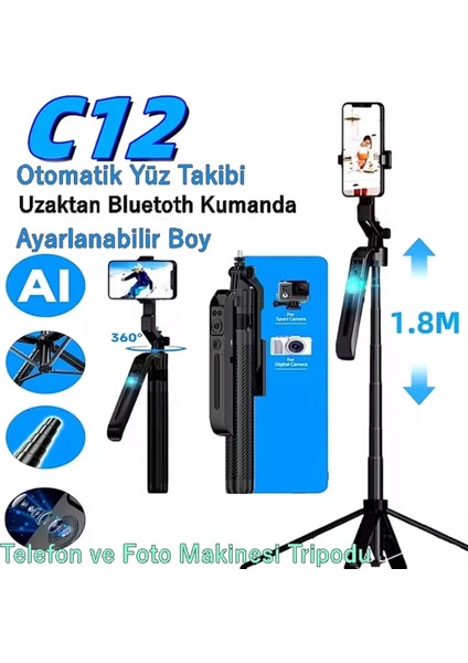 C12 Otomatik Yüz Takip Sistemli Çok Amaçlı Bluetooth Kumandalı 180CM Akıllı Tripod + Selfie Çubuğu fiyatları