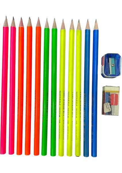 Neon Üçgen Gövdeli Kurşun Kalem 12'li Paket Silgi & Kalemtraş Hediyeli ( Hb )