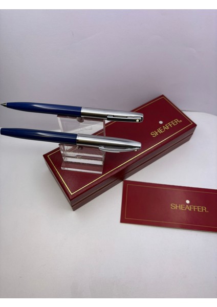 Yarı Krom Dolma Kalem-Tükenmez Kalem Set mavi