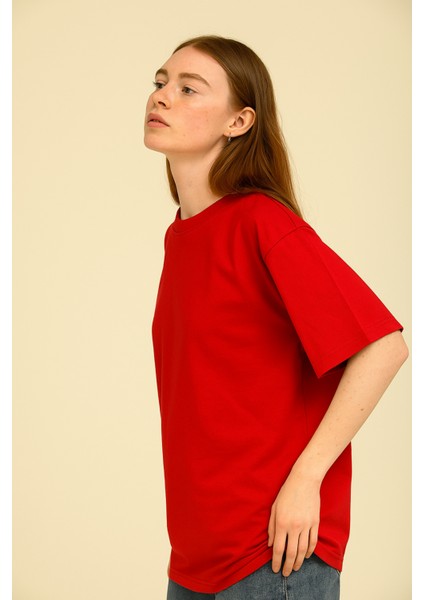 Kadın Kırmızı Oversize Bisiklet Yaka %100 Pamuk Düz Basic Yazlık T-Shirt modelleri