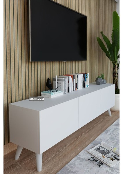 Modern Beyaz 3 Kapaklı Tv Ünitesi 140 cm Geniş Depolama Alanı, Salon, Fonksiyonel Tv Sehpası modelleri