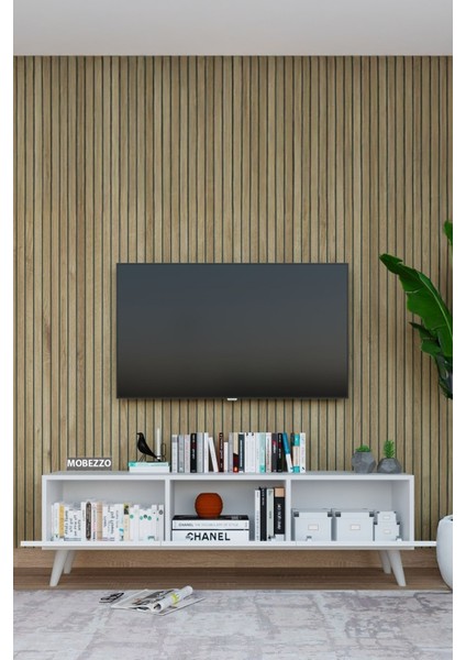 Modern Beyaz 3 Kapaklı Tv Ünitesi 140 cm Geniş Depolama Alanı, Salon, Fonksiyonel Tv Sehpası fırsatları