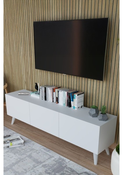 Modern Beyaz 3 Kapaklı Tv Ünitesi 140 cm Geniş Depolama Alanı, Salon, Fonksiyonel Tv Sehpası