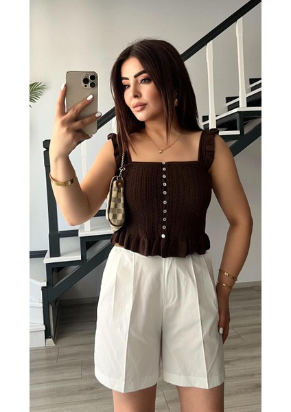 Acı Kahve Fırfırlı Düğmeli Bluz fiyatları