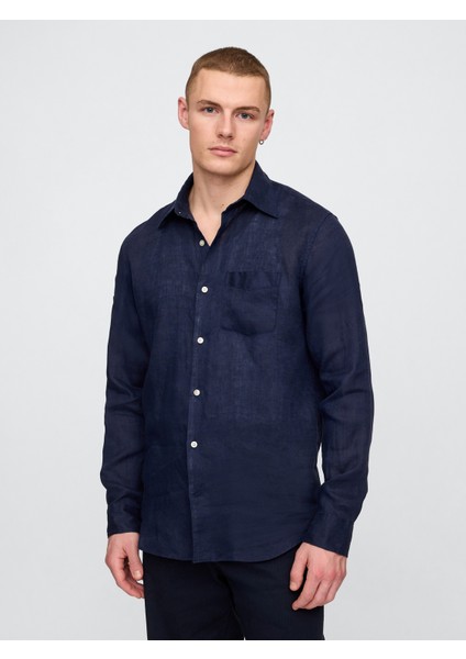 Erkek Lacivert Keten Klasik Gömlek