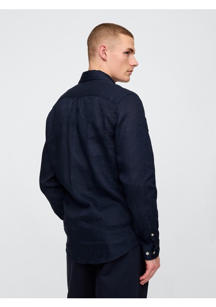 Erkek Lacivert Keten Klasik Gömlek fırsatları