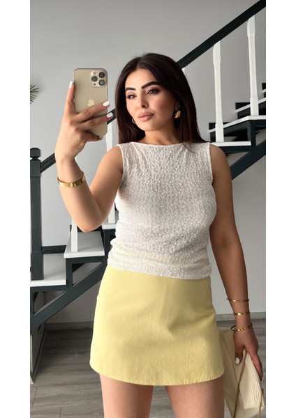 Ekru Kayık Yaka Dantel Bluz