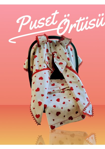 Organik Pamuk Kalp Desenli Bebek Puset Örtüsü & Müslin Battaniye 3'lü Set | Çift Yönlü Anne Yanı Seti