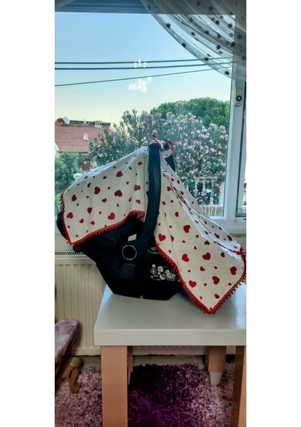 Organik Pamuk Kalp Desenli Bebek Puset Örtüsü & Müslin Battaniye 3'lü Set | Çift Yönlü Anne Yanı Seti fiyatları