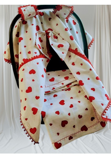 Organik Pamuk Kalp Desenli Bebek Puset Örtüsü & Müslin Battaniye 3'lü Set | Çift Yönlü Anne Yanı Seti indirimleri