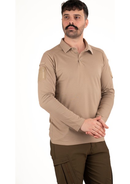 Taktik Uzun Kollu Polo Tişört - Bej | Erkek Outdoor & Güvenlik Kıyafeti