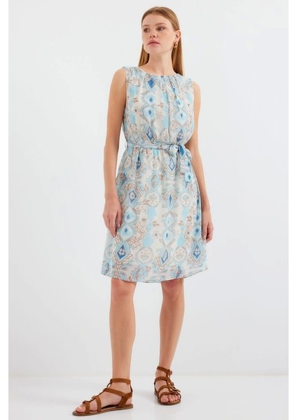 2501 Desenli Sıfır Kol Şifon Elbise - Mavi modelleri