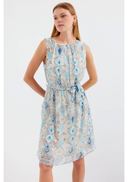 2501 Desenli Sıfır Kol Şifon Elbise - Mavi fırsatları