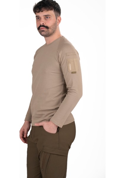 Taktik Uzun Kollu Cepli Tişört - Bej | Erkek Outdoor & Güvenlik Giyim fırsatları