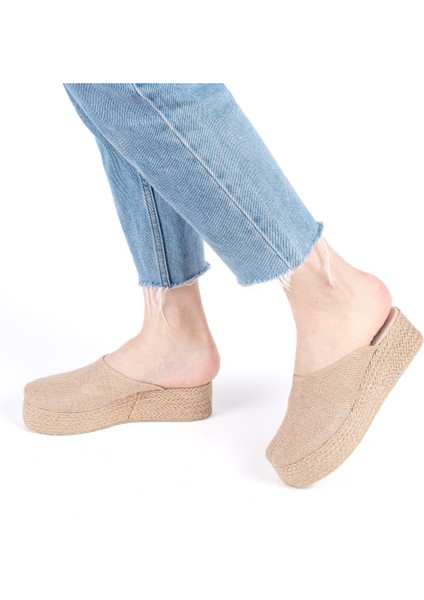 Gerçek Elişi Platformlu Burnu Kapalı Elişi Hasır Keten 5cm Topuk Sabo Terlik Handmade