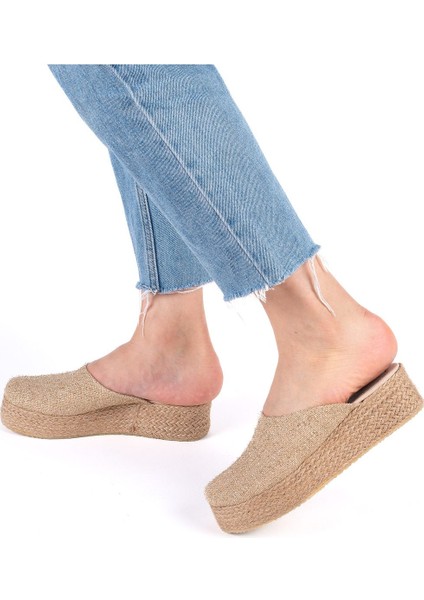 Gerçek Elişi Platformlu Burnu Kapalı Elişi Hasır Keten 5cm Topuk Sabo Terlik Handmade