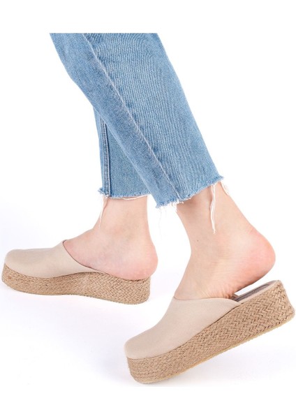 Gerçek Elişi Platformlu Burnu Kapalı Elişi Hasır Keten 5cm Topuk Sabo Terlik Handmade
