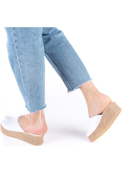 Gerçek Elişi Platformlu Burnu Kapalı Elişi Hasır Keten 5cm Topuk Sabo Terlik Handmade