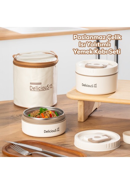 3113 Isı Yalıtımlı Çanta Paslanmaz Çelik 2 Parça Vakumlu Yemek Termosu Beslenme Kutusu Taşınabilir Lunch Box Sefer Tası