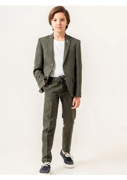 Erkek Çocuk T-Shirt Keten Ceket Belden Bağlamalı Pantolon 3'lü Spor Takım (11-14 Yaş Arası)