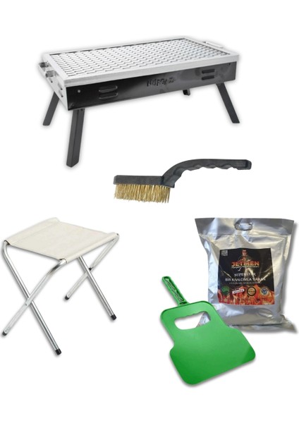 Kara Mangal Büyük+Tabure+Kömür+Fırça+Yelpaze Mangal Seti