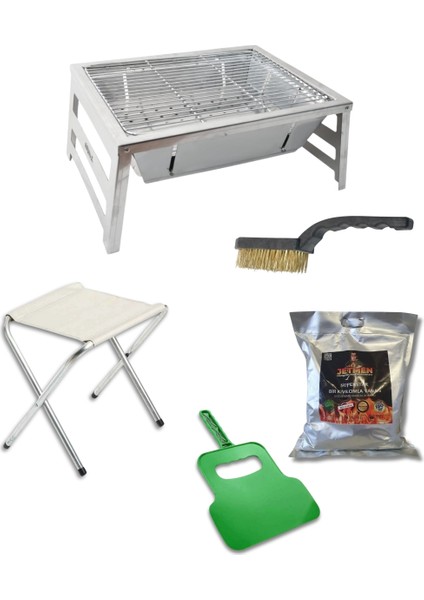 Ayaklı Katlanır Mangal+Tabure+Fırça+Kömür+Yelpaze Mangal Seti