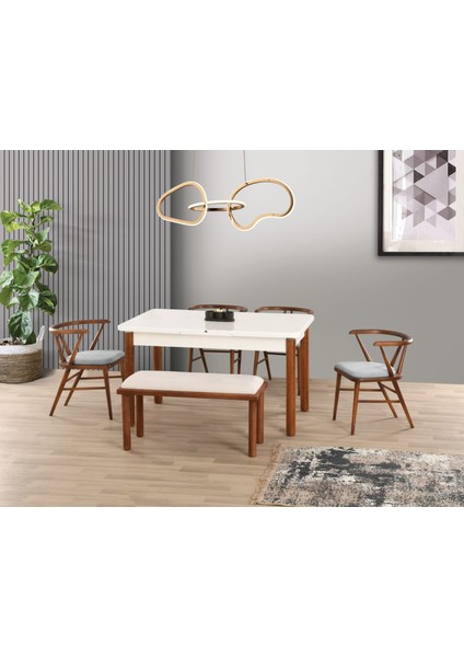 Uyar Beyaz 1Adet Bohem Bench 4 Adet Londra Sandalye 160+30 Pars Açılabilir Masa Takımı