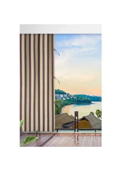 Kahve Krem Çizgili Su Geçirmez Balkon Perdesi Branda